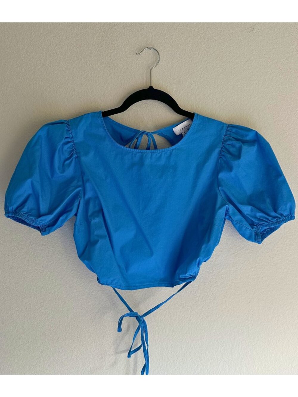 Topshop Blue Open Back Puff Sleeve Crop Top Tie Back Size US 6
